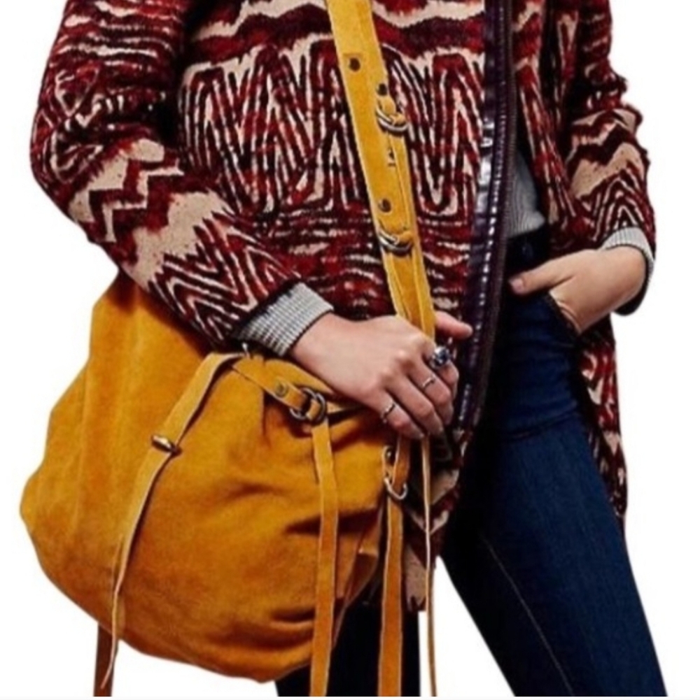 Free People Leather Suede Hobo Bag Brown Slouchy Fringe Western Boho - Picture 2 of 15